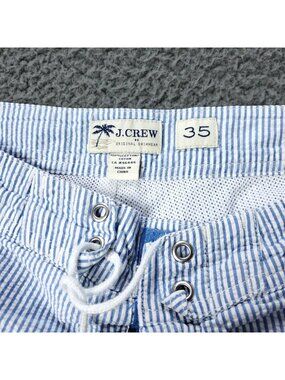 J Crew Seersucker Swim Shorts Mens 35 Cargo Striped Cotton Beach Board Trunks